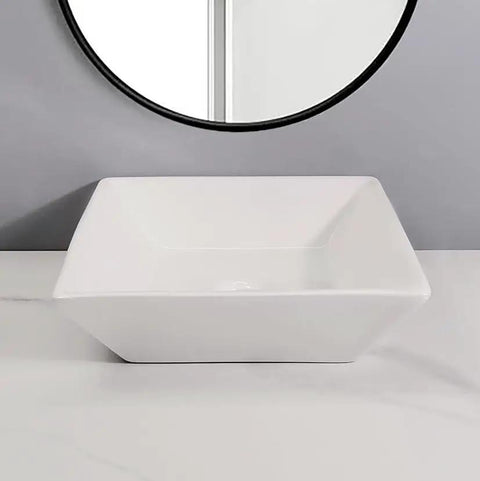 USZWBY Vessel Sinks Bathroom Vessel Sink Modern Square Ceramic Counter Basin White Bathroom Bowl Sink on countertop with round mirror.