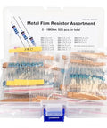 Metal film resistor assortment kit, 525 pieces, 0 Ω–1 MΩ, 1/4W, 1% tolerance, 24AWG, in plastic storage case