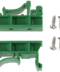 C45 DIN Rail PCB Mounting Adapter Carrier Clip for 35mm rails and screws, green PA66 material, shown detached, front view