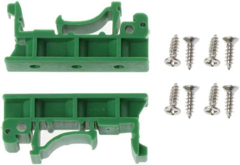 C45 DIN Rail PCB Mounting Adapter Carrier Clip for 35mm rails and screws, green PA66 material, shown detached, front view