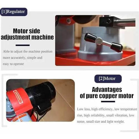 Heavy Duty 550W Electric Circular Saw Blade Sharpener control panel showing motor side adjustment and pure copper motor features.