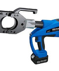 Professional Grade Battery Powered Hydraulic Cable Cutter Rock Solid 45 mm Aluminum And Copper Wire Severer For Armored Coaxial And Data Cables Top Shelf Heavy Duty Electric Power Tool Bad Boy Cut side view showing cutting jaws