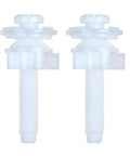 Universal White Toilet Seat Screw Replacement Kit With Heavy Duty Plastic Bolts Hinge Nut Washer Set, includes 2 white plastic bolts.