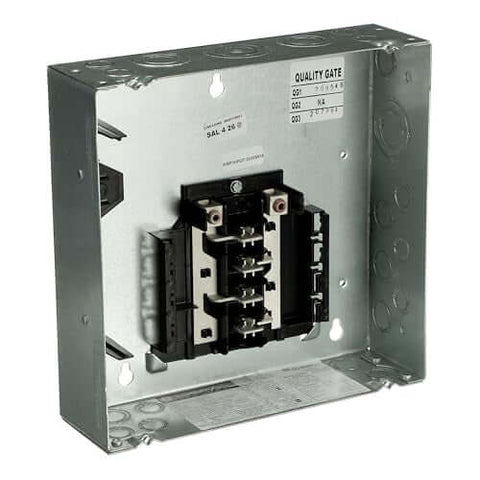 Interior view of 125A Convertible Load Center TLM612FCUDP, main lug, 6 spaces 12 circuits, NEMA 1 galvanized enclosure, indoor use