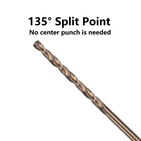 Five Pack Heavy Duty M35 Cobalt Drill Bit Set 1/8 X 12 Inch showing 135° split point for precision drilling without center punch.
