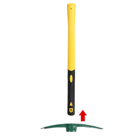 18 Inch Steel Forged Double Headed Pick Axe With Lightweight Plastic Coated Fiberglass Handle For Digging Weeding Gardening And Camping A Tough As Nails Heavy Duty Mattock Hoe Built For Durability And Quick Efficient Work, showing handle and detachable head