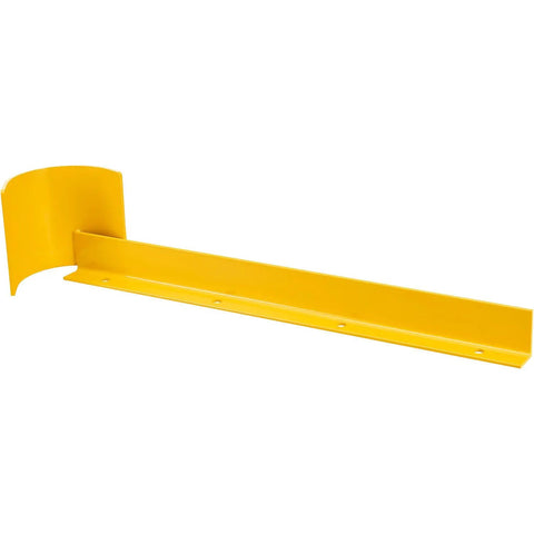 Heavy Duty Steel Pallet Rack End Protector Right Side Beamer Guard Absorbs Forklift Impacts Tough As Nails Warehouse Workhorse 42 Inch Long Bright Yellow Safety Barrier side view.