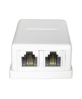 Dual Port Surface Mount Phone Jack Box Featuring Rock Solid Rj11 Terminals For Hassle Free Wall Wiring Straight Up Easy Install viewed from the front.