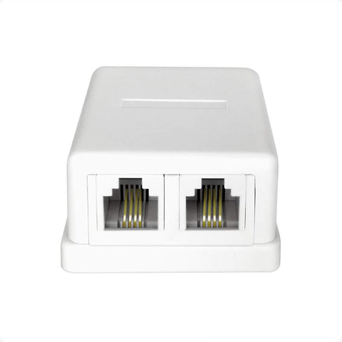 Dual Port Surface Mount Phone Jack Box Featuring Rock Solid Rj11 Terminals For Hassle Free Wall Wiring Straight Up Easy Install viewed from the front.