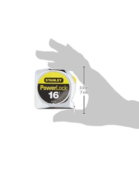 Hand holding Powerlock Tape Measure 16 Ft Pro Grade With True Zero And 3/4 Inch Blade, showing compact size. Closed chrome ABS case.
