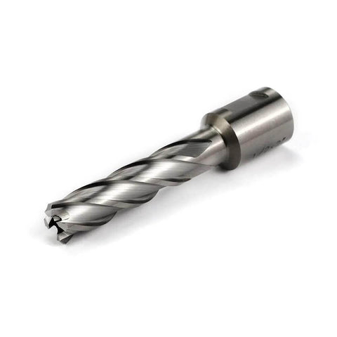 Oscarbide 1/2 in x 2 in HSS annular cutter with 3/4 in Weldon shank and pilot pin, magnetic drill bit, angled side view