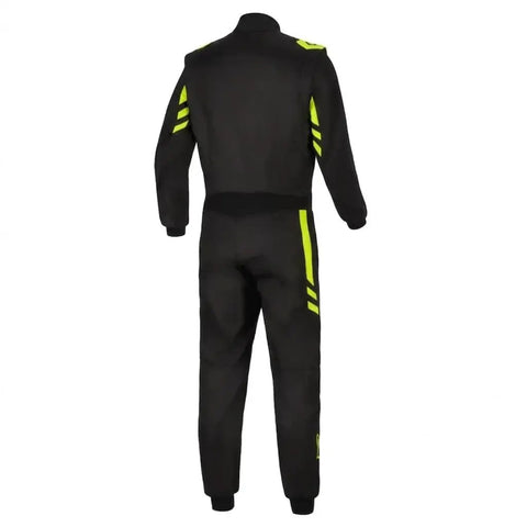 Back view of Go-Kart Racing Suit With Water Resistant Digital Print, Breathable Fabric, And Ergonomic One Piece Design For Adults, Teens, And Kids, Size XXL 62, Built For All Day Comfort, Flexible Stretch Panels, Street-Ready Fit in black and yellow.