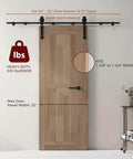 Six Foot Barn Door Hardware Kit With Boss Grade Heavy Duty Carbon Steel Track For Smooth Quiet Sliding Doors Cylindrical Rollers Easy Install Fits 36 Inch Wide Panels Matte Black Finish showing installed wooden door setup.