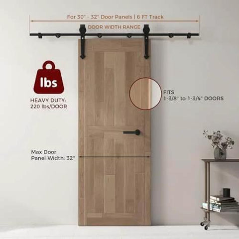 Six Foot Barn Door Hardware Kit With Boss Grade Heavy Duty Carbon Steel Track For Smooth Quiet Sliding Doors Cylindrical Rollers Easy Install Fits 36 Inch Wide Panels Matte Black Finish showing installed wooden door setup.