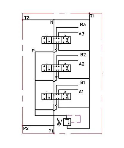 Flow diagram of Monoblock 3 Spool Hydraulic Directional Control Valve For Industrial Grade Heavy Duty Hydraulics 11 GPM