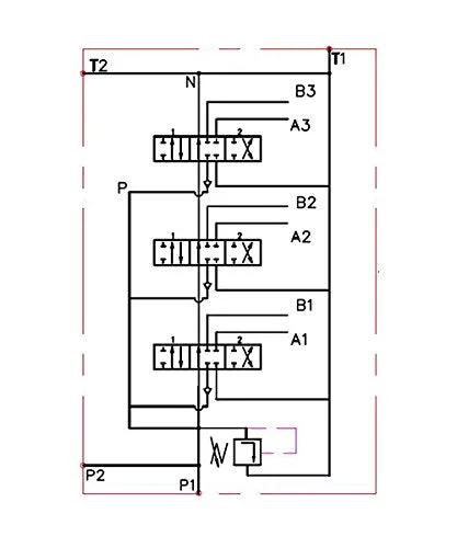Monoblock hydraulic directional control valve, front view schematic, 4-spool SAE ports.