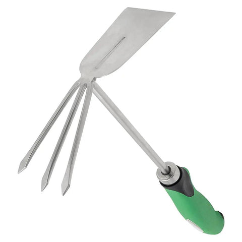 Shrub Rake Hoe Fork Combo Stainless Steel 12-Inch Garden Tool For Weeding And Landscaping with green handle