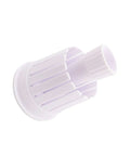 Side view of white plastic onion blossom cutter with ribbed outer ring and hollow central tube.