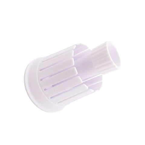 Side view of white plastic onion blossom cutter with ribbed outer ring and hollow central tube.