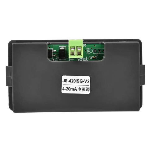 Back view of JS-420ISG-V2 unit, a 4-20mA Signal Generator for Precise Current Loop Calibration, shown with terminals and label.