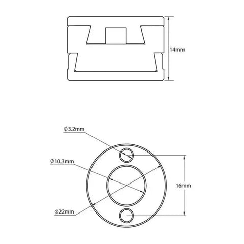 Upgrade Your 3D Printer Game With This Oldham Coupling Z-Axis Screw Fit For Ender3 CR10 Voron And VzBot Featuring Smooth Transmission To Cut Vibration, Stable Connection For Perfect Accuracy, And Easy Install That Keeps Things Tight And Clean While. technical drawing of 22mm Oldham coupling, 14mm high, with 3.2mm mounting holes