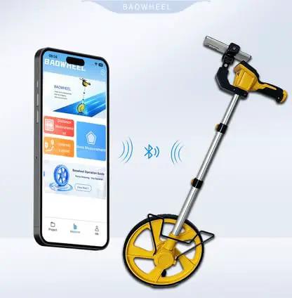 Solid Setup Smart Measuring Wheel With Bluetooth App Mapping And Backlit Lcd Screen For No Stress High Precision Survey Work And Snazzy Cad File Export Options, shown with smartphone displaying app.