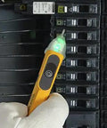 Non-Contact Voltage Tester 50-600V CAT IV 600V NCVT With LED Indicator in use by panel, glove visible