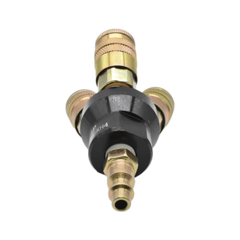 Aluminum Round Pneumatic Manifold Kit With Three 1/4 Inch Steel Industrial Couplers And One 1/4 Inch Steel Plug, front view