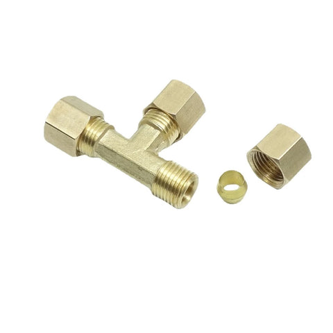 Brass compression T-fitting for 1/4" tubing; union tee with three 1/4" ports and nuts.