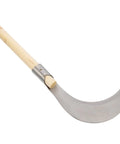 Multi Purpose Manganese Steel Garden Tool With Wooden Handle For Grass Cutting, Weeding, And Harvesting, angled view