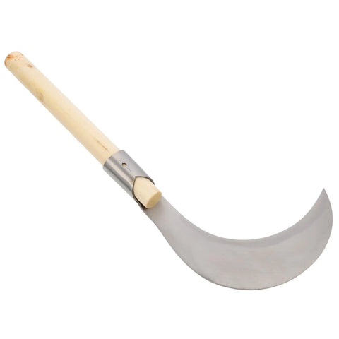 Multi Purpose Manganese Steel Garden Tool With Wooden Handle For Grass Cutting, Weeding, And Harvesting, angled view