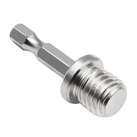 Close-up of a metal drill converter from the 40 Piece M14 Hex Drill Converter Tool Part For Woodworking Enthusiasts Fits Electric Wrenches And Angle Grinders Handy Wood Splitter Connector Polisher Attachment For DIY Projects set.
