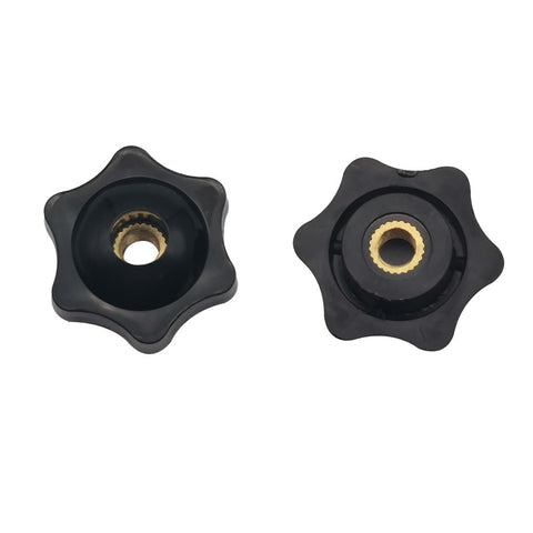 Plastic Hex Head Knobs With Brass Thread Inserts M6 By 32 Through Hole Knurled Grip, black knobs front view, pack of 10