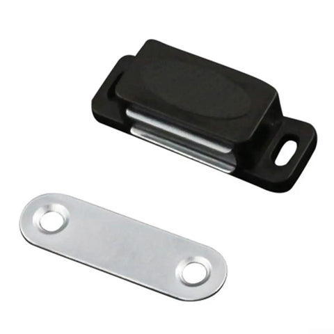 Heavy Duty Cabinet Magnetic Latch For Kitchen Cupboard Wardrobe Closet Doors No Fuss No Slam Magnetic Catch Built With ABS Plastic And Iron Reliable Hardware To Keep Doors Shut White in black housing with metal plate.
