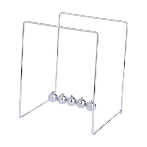 Newton Cradle Pendulum Desk Decor For Home Office And School STEM Toy, silver metal frame with swinging steel balls.