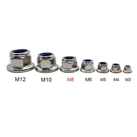 Assorted flange nylon lock nuts in multiple sizes, focus on Durable M8x1.25 Flange Nylon Lock Nuts In 304 Stainless Steel, 15 Pack.