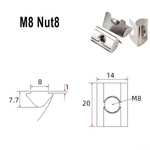 Get Your 20 Pack M8 Shrapnel Nuts For Aluminum Profile Extrusions detailed view of M8 sliding nuts dimensions and design.
