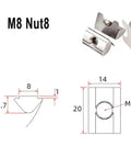 Heavy Duty M8 Shrapnel Nuts Spring Loaded T Nuts Fit 30 Or 40 Or 45 Series Aluminum Profile Slots Carbon Steel Gear For DIY Projects close-up of dimensions and design elements