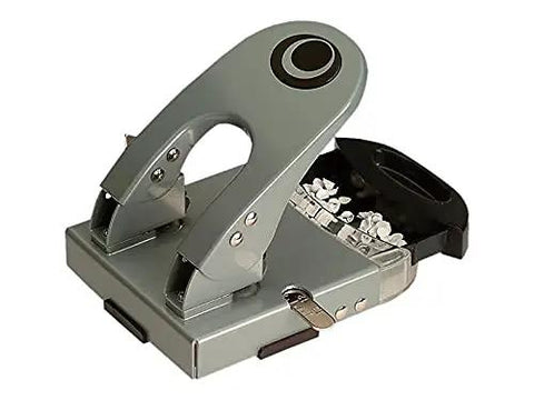 Heavy-Duty Two-Hole Punch With Chip Drawer, 50 Sheet Capacity, See-Through Window, Slide-Out Chip Bin, Silver and Navy
