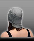Person wearing gray Dope Conductive Silver Fabric For EMI Shielding And Wearable Tech Projects, rear view of headwrap.
