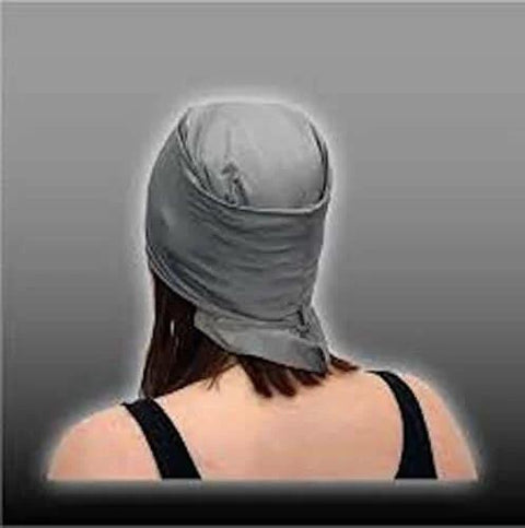 Person wearing gray Dope Conductive Silver Fabric For EMI Shielding And Wearable Tech Projects, rear view of headwrap.