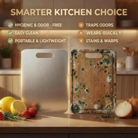 Front view of stainless steel kitchen cutting boards; two boards on a counter, metal and clear resin with green specks.