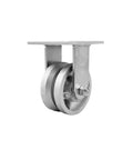 V-groove caster with rigid top plate and 4-inch wheel, semi-steel/cast-iron construction, 800 lb capacity.