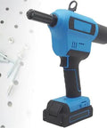 20V Cordless Electric Rivet Gun Tool Free Head Swap One Touch Power pulls rivets, shown with metal fasteners, ergonomic design.