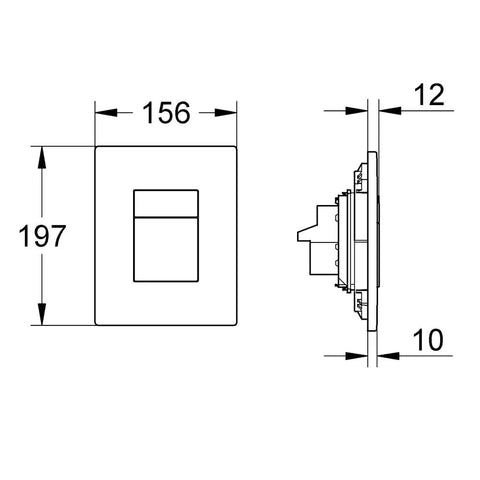 Technical drawing of Skate Cosmopolitan Actuation Plate In Starlight Chrome For Dual Flush Start And Stop ABS Construction