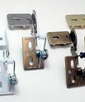 Self Closing Concealed Hinge With 3/8 Inch Inset Profile And Full 180 Degree Swing For Doors At Least Three Quarter Inch Thick Premium Antique Brass Finish shown in different finishes and angles.