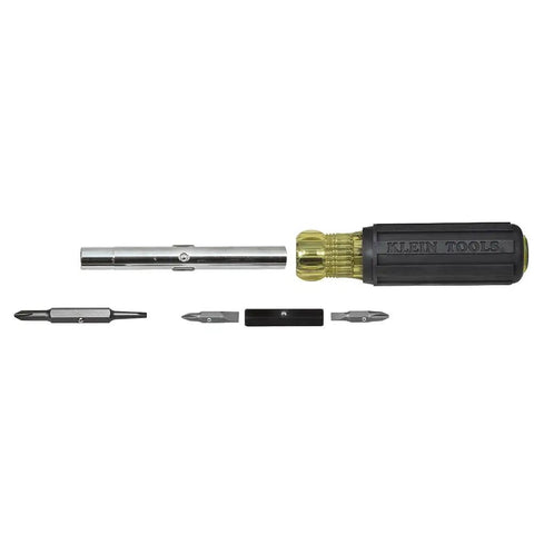 Heavy Duty 10 In 1 Multi Bit Screwdriver Nut Driver With Interchangeable Shafts And Six Universal Tips, Klein Tools, disassembled view.