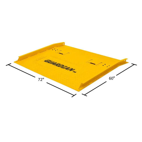 Built Tough Steel Dock Board 60 X 72 Inch 16000 Lb Rated Capacity Forklift Transfer Plate in yellow design for trailer access.