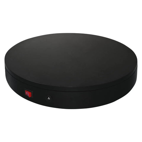 Foxvee Remote Controlled Motorized Turntable, 360 Degree Rotating Display Stand with sleek black finish and control buttons.