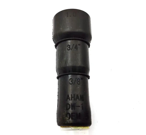 Close-up of dishwasher drain hose replacement adapter for Kenmore Frigidaire, showing 3/4 to 3/8 inch reduction.